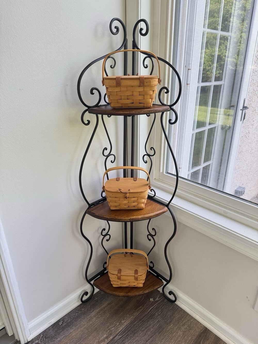 Vintage 3 Tier Folding Corner Shelf Wrought Iron Wood Etagere Plant Stand 48"